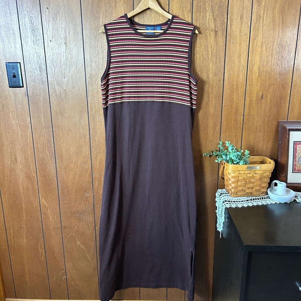Vintage Mountain Lake Casuals‎ 100% Cotton Brown Maxi Dress Boho Western 90's